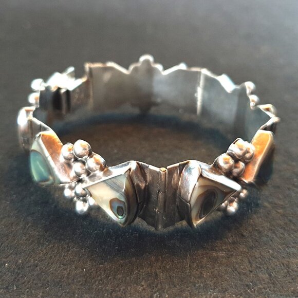 Bold Vintage Mexico Taxco 925 Sterling Silver Abalone Inlaid Statement Bracelet - Picture 3 of 16